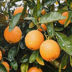 Wall Mural - Close-up of ripe oranges hanging on a tree branch with water droplets on the fruit and leaves.