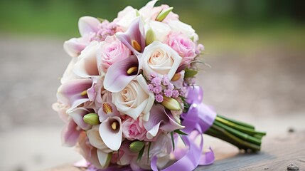 the close up picture of the wedding bouquet that has been putting on the floor with the blur backgro