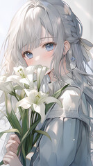 Poster - Beautiful girl with white hair holding flowers, anime style close up vertical background