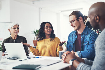 Aufkleber - Teamwork, conversation and business people in meeting, brainstorming and planning for project. Group, employees and coworkers with idea, proposal and feedback for startup, collaboration or discussion