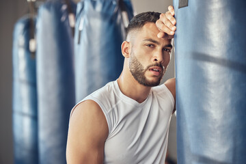 Sticker - Tired man, portrait and boxer with punching bag for self defense training, practice or martial arts at gym. Exhausted male person or fighter in fitness for break after intense exercise or boxing