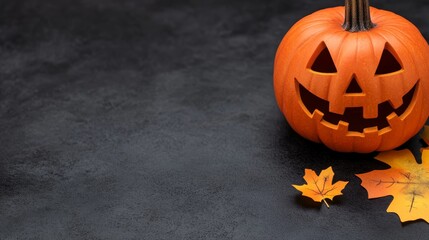 carved halloween pumpkin with autumn leaves on black background for party invitation or banner design