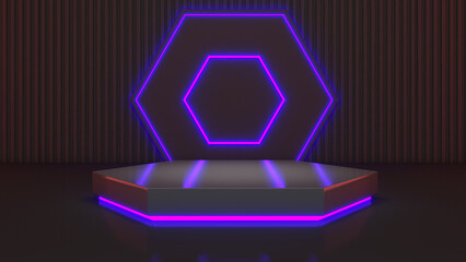Poster - Mock up podium for product presentation,3D render,hexagonal mockup stand neon light background