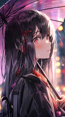 Poster - beautiful anime woman holding umbrella in the rain, vertical cinematic background