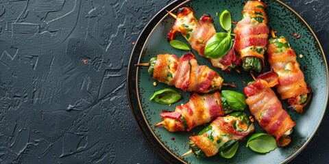 Top view of a plate of homemade bacon wrapped jalapeno poppers with space for text