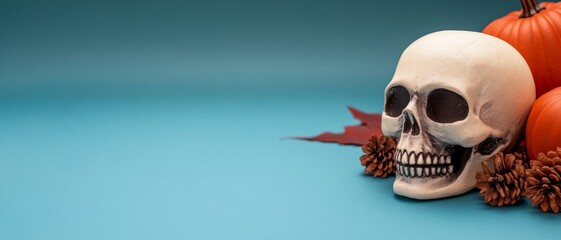 halloween skull with pumpkins and pinecones on blue background - spooky autumn decor for holiday