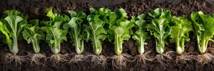 Sticker - Product photography featuring a close-up view of lettuce plants with visible roots in soil.