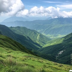 Wall Mural - cloudless,highest mountain on the left,green lawn on the left,endless green mountains background,no waterblue sky and white cloud,real photo 