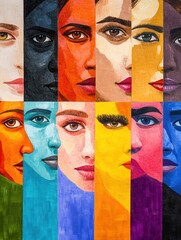 Aufkleber - Vibrant and diverse faces separated by lines illustrate themes of division and bias, highlighting the beauty of differences. Generative AI