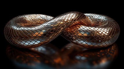 3D render of an abstract twisted infinity symbol with shiny metallic dragon scales texture and golden snake clip art isolated on a black background.