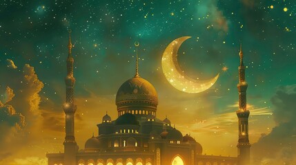 An illuminated mosque with a crescent moon and stars in the sky.