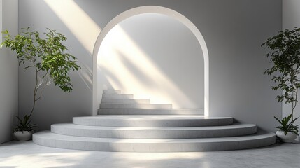 Leinwandbilder - Modern minimal abstract 3D render of a clean white background featuring a vacant round pedestal cylinder for product display in a futuristic expo platform, creating an empty mockup showcase.
