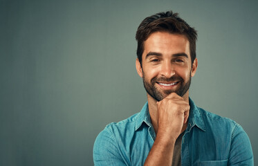 Poster - Thinking, business man and portrait with smile for problem solving, project ideas and brainstorming reflection. Planning, employee and happy with solution or contemplation on studio background mockup