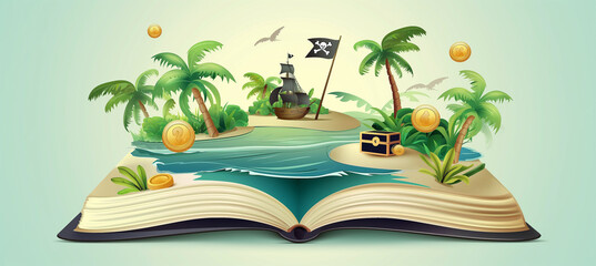 The Open magic fairytale book with pirate island scene, Illustration