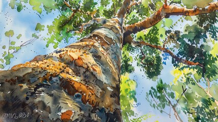 Wall Mural - looking up a tree trunk, tropical watercolor 