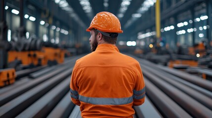 A factory worker wearing an orange hard hat and safety jacket stands in an industrial facility surrounded by machinery and metal beams.