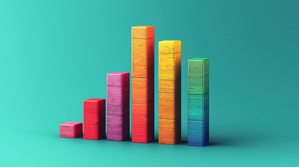 A vibrant bar chart made of stacked wooden blocks in various colors, representing data visualization, growth, and analytics against a green background.