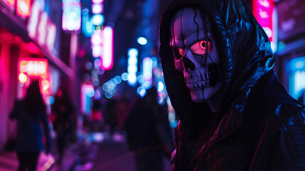 Hooded figure with a glowing robotic mask in a neon-lit cityscape at night