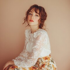 Wall Mural - Portrait of a beautiful young woman with red hair wearing a white lace top and floral skirt.