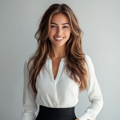 Sticker - Portrait of a smiling businesswoman wearing a white shirt and black skirt.