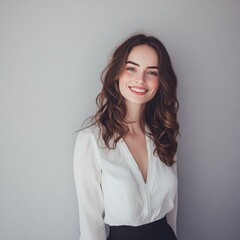 Wall Mural - Portrait of a smiling young woman with long brown hair wearing a white blouse and a black skirt against a gray background.