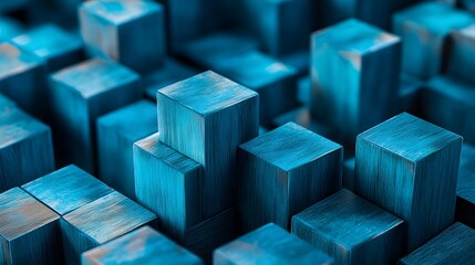 Futuristic abstract background featuring digital 3D render of blue wooden cubes, overlaid with blue matrix binary code
