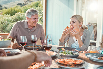 Poster - Lunch, bonding and family with food, laughing and weekend gathering event at table on patio. Happy old man, woman and pizza in backyard eating together for fun dinner celebration on terrace at home