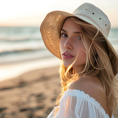 Young woman enjoys a peaceful sunset on the beach, exuding tranquility and warmth