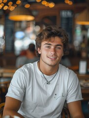 Wall Mural - smiling man teen in t-shirt sits in modern coffee shop, professional shot, Kodak Portra style, pinterest aesthetic, photo realistic 