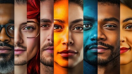Poster - Diverse faces displayed in bright colors reflect social division and bias, emphasizing individuality amidst separation. Generative AI