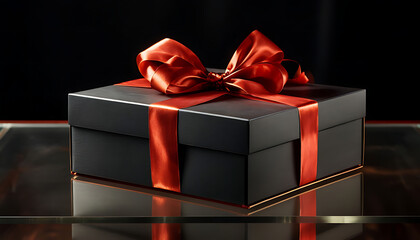 A luxurious gift box, on a solid black background, wrapped in sleek, matte black paper with a textured bow and feathers, creating a romantic luxury atmosphere. For anniversary, birthday presents