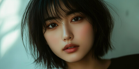 Poster - A young Asian woman with short hair, a cute face, natural bangs, and a bob cut hairstyle, generative AI