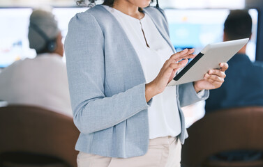 Wall Mural - Office, woman and hands with tablet at call center for research on customer service and telemarketing. Female person, team leader and confident on employee training, internship or skill development