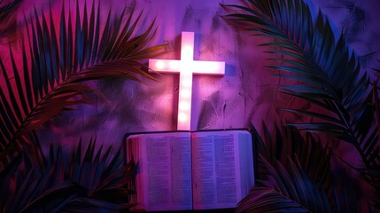 A neon cross glowing over an open bible surrounded by palm leaves on a textured purple background.