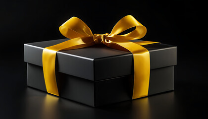 A luxurious gift box, on a solid black background, wrapped in sleek, matte black paper with a textured bow and feathers, creating a romantic luxury atmosphere. For anniversary, birthday presents