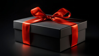 A luxurious gift box, on a solid black background, wrapped in sleek, matte black paper with a textured bow and feathers, creating a romantic luxury atmosphere. For anniversary, birthday presents