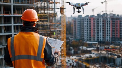 Wall Mural - Drone operated by construction worker on building site, beautiful flying with drone