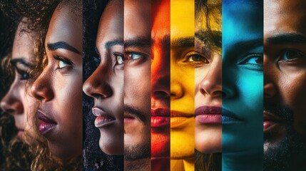 Aufkleber - Brightly colored faces separated by barriers emphasize the diversity and differences within communities, showcasing individual identities. Generative AI