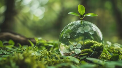 Wall Mural - A small plant growing inside a clear glass orb, surrounded by lush greenery.