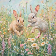 Wall Mural - Two cute rabbits hop in a field of colorful wildflowers.