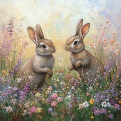 Wall Mural - Two cute rabbits standing on their hind legs in a field of wildflowers.