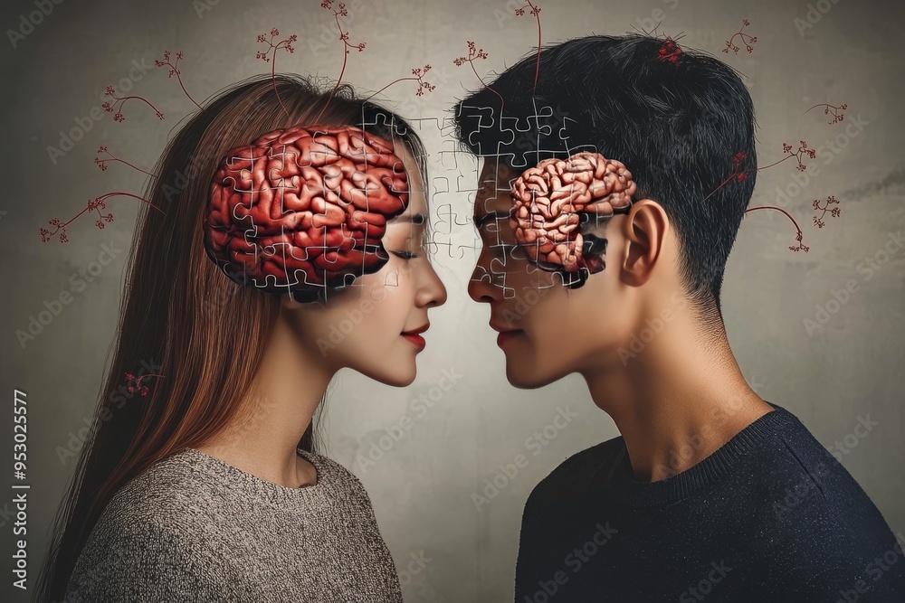 Intellectual Connection Conceptual image of a couple with exposed brains illustrating the ...