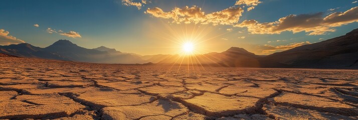 Aufkleber - The sun sets over arid lands, revealing cracked earth and a stark reminder of climate change as Arctic glaciers continue to melt. Generative AI
