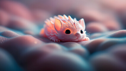 Pink Fluffball in a Dreamland: An adorable, fluffy pink creature with wide eyes sits amidst a field of soft, round shapes, bathed in a warm, magical light. 