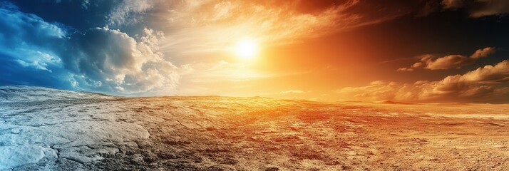 Aufkleber - The harsh sunlight intensifies the desolate beauty of dry land, contrasting the remnants of melting glaciers and highlighting climate change. Generative AI