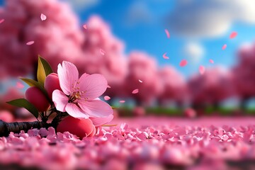 Poster - Peach blossom tree in a tranquil countryside orchard, illustrated in a scene where an orchard of peach trees is in full bloom, with soft pink petals gently falling to the ground, creating a
