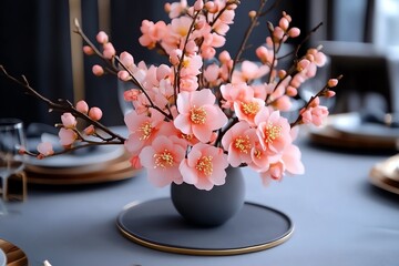 Aufkleber - Peach blossom-themed invitation cards with elegant designs, captured in a photo where invitation cards feature peach blossom motifs, with elegant typography and soft colors creating a refined