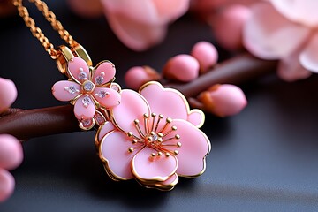 Poster - Peach blossom-themed jewelry with delicate floral designs, captured in a photo where jewelry pieces like necklaces, earrings, and bracelets feature delicate peach blossom designs, adding a touch