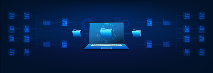 Fototapete - Computer technology background. The screen is a document file connected to a document folder that is used to work and store electronic document files online.