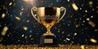 © Creation    Art - Golden trophy competition winner with streamers. Business champion and competition concept background. Generative AI